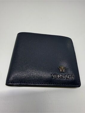 Versace Men's Bifold Wallet in Navy with Silver Logo